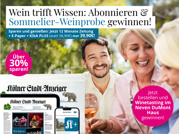Menschen die gemeinsam an einem Tisch sitzen und Wein trinken und das KStA Zeitung
